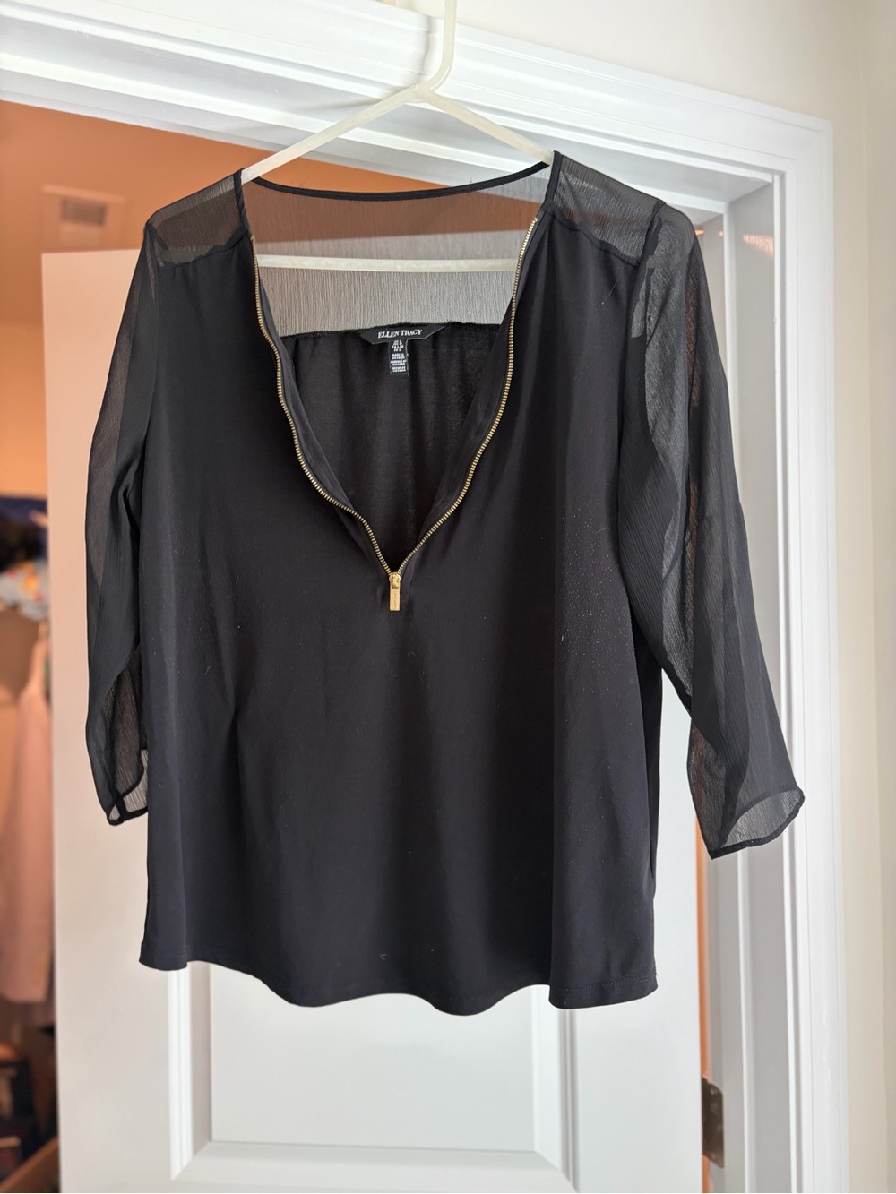 Ellen Tracy Black Zip-Front Sheer Sleeve Blouse
